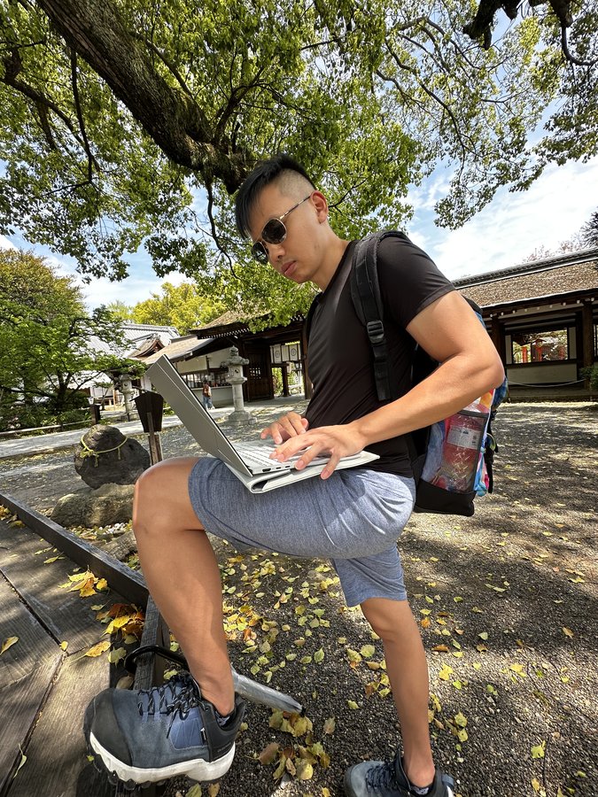 Park bench. Working between errands.